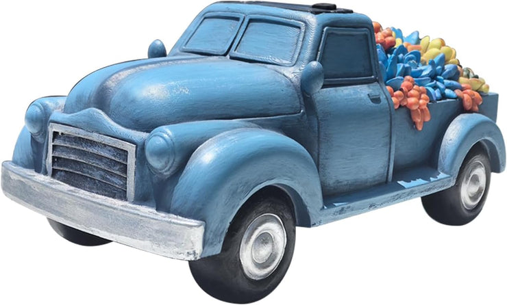 Garden Décor Outdoor Solar Lights, Blue Resin Truck Statue with Succulen Patio Lights for Home Décor, 8 LED Lights Solar Statues for Garden, Balcony, Yard Ornament, 9.6 x 4.7 x 4.3 inches