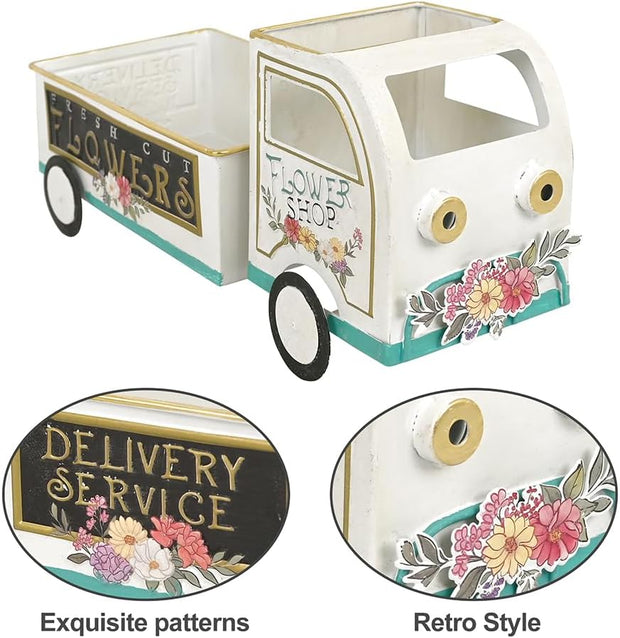 Farmhouse Small Flower Cart Metal Truck Decor Wagon Planters for Outdoor Plants Decorative Planters Vintage Indoor Plant Cart for Patio Garden Balcony White