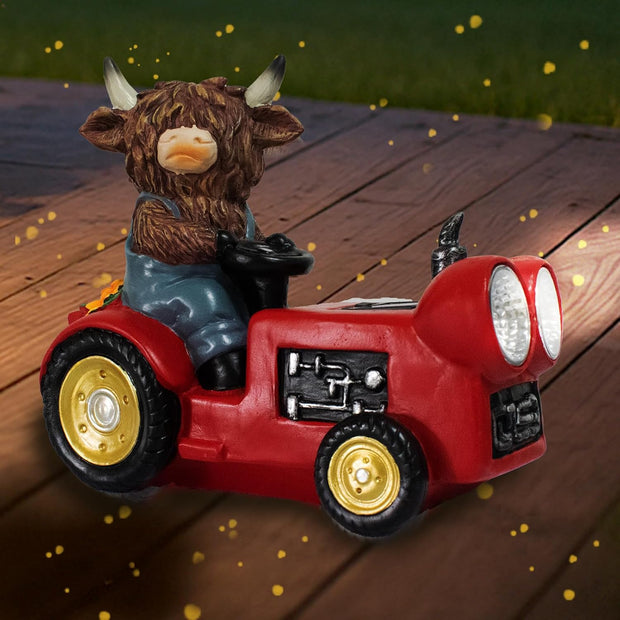 Solar Highland Cow Driving Car Garden Decor Statue, Outdoor Solar Light Decoration for Yard, Patio, Housewarming, Lawn, Birthday Gift for Women, Mom