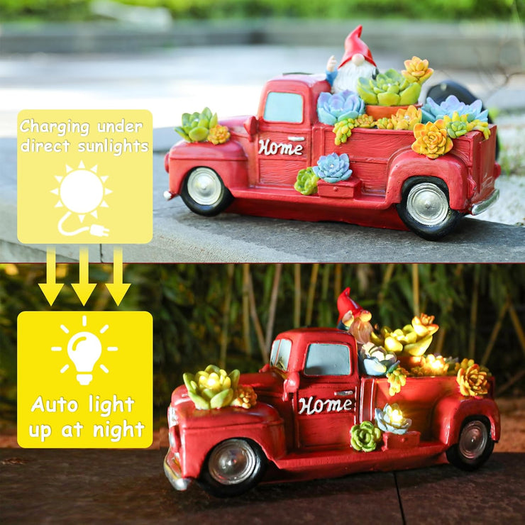 Garden Statue Outdoor Decor, Red Truck Gnome Solar Garden Statues with Succulent Decorations, Resin Car Gnome Outdoor Statues for Garden Courtyard Lawn Yard Christmas Decor