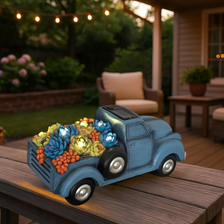 Garden Décor Outdoor Solar Lights, Blue Resin Truck Statue with Succulen Patio Lights for Home Décor, 8 LED Lights Solar Statues for Garden, Balcony, Yard Ornament, 9.6 x 4.7 x 4.3 inches
