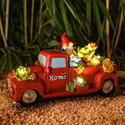 Garden Statue Outdoor Decor, Red Truck Gnome Solar Garden Statues with Succulent Decorations, Resin Car Gnome Outdoor Statues for Garden Courtyard Lawn Yard Christmas Decor