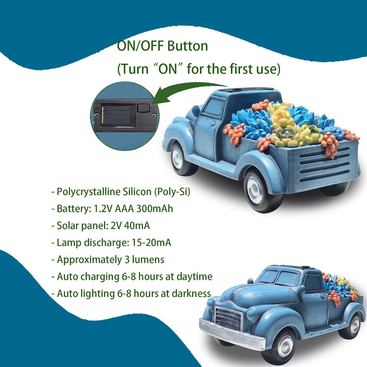 Garden Décor Outdoor Solar Lights, Blue Resin Truck Statue with Succulen Patio Lights for Home Décor, 8 LED Lights Solar Statues for Garden, Balcony, Yard Ornament, 9.6 x 4.7 x 4.3 inches