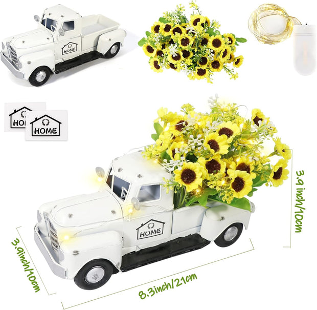 White Vintage Truck Decor with Sunflowers Artificial Flowers, Metal Truck Decor with LED String Lights for Tiered Tray Decor Items Mini Sunflower Decor Rustic Home Decor Farmhouse Table Decor